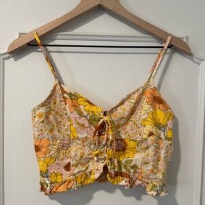 American Eagle Floral Cropped Tank Top w/Ruffle, Straps & Tie-Front - XS